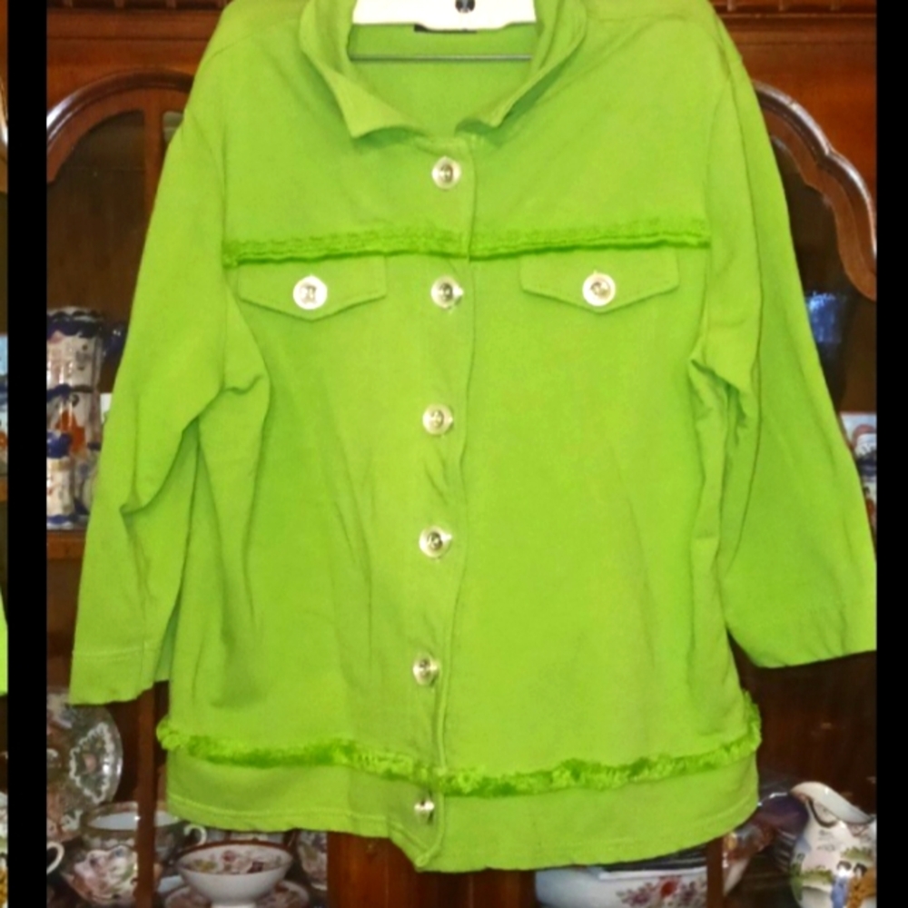 Onque Casual Lime Green Jacket Shag Trim Silver Clear Glitter Buttons L